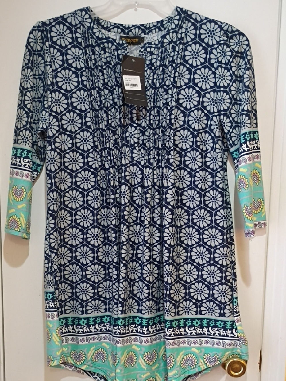 Reborn Navy Floral and Mint Border Long Sleeve Tunic Dress